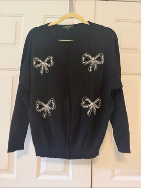Cristina Black Embellished Bow-Applique Cardigan Sweater